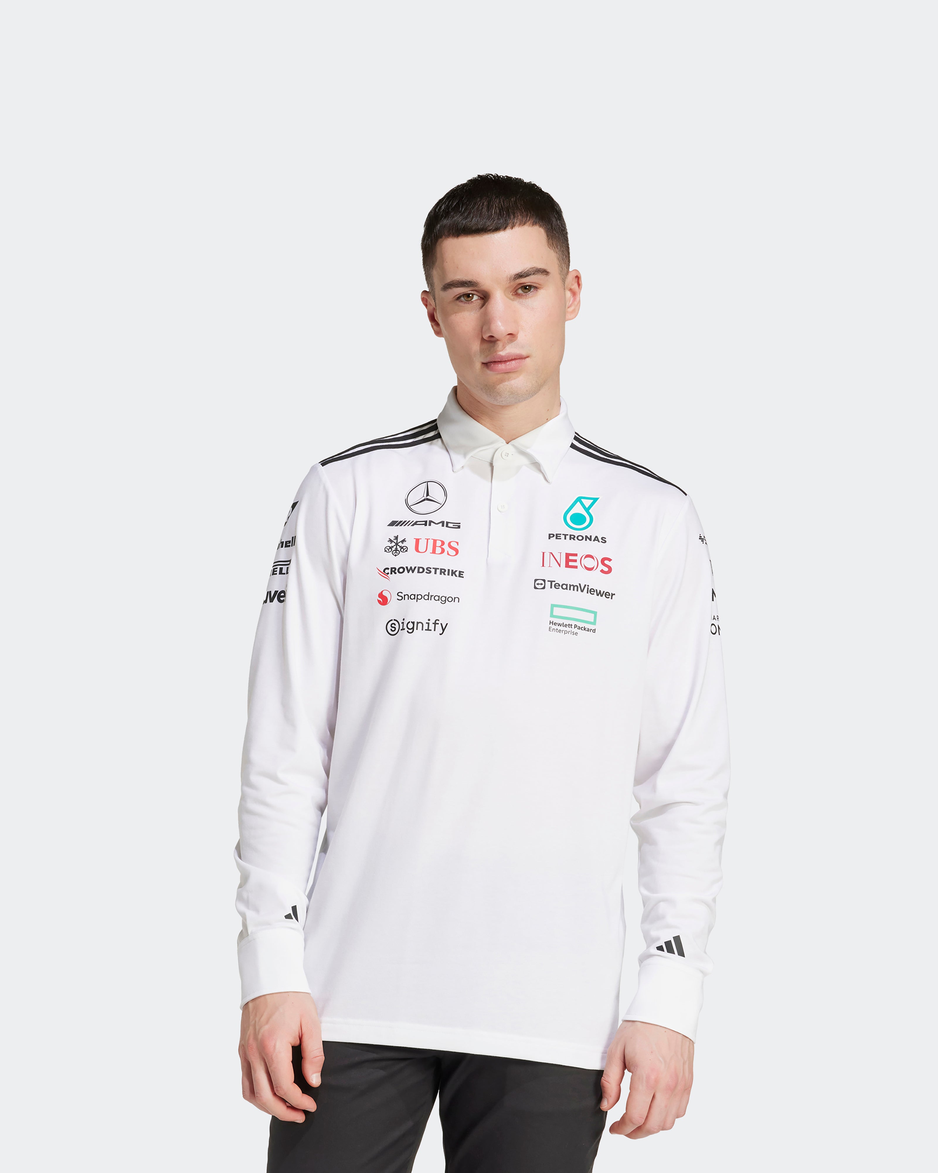 Mens 2025 Team Long Sleeve Polo White | Official Mercedes-AMG