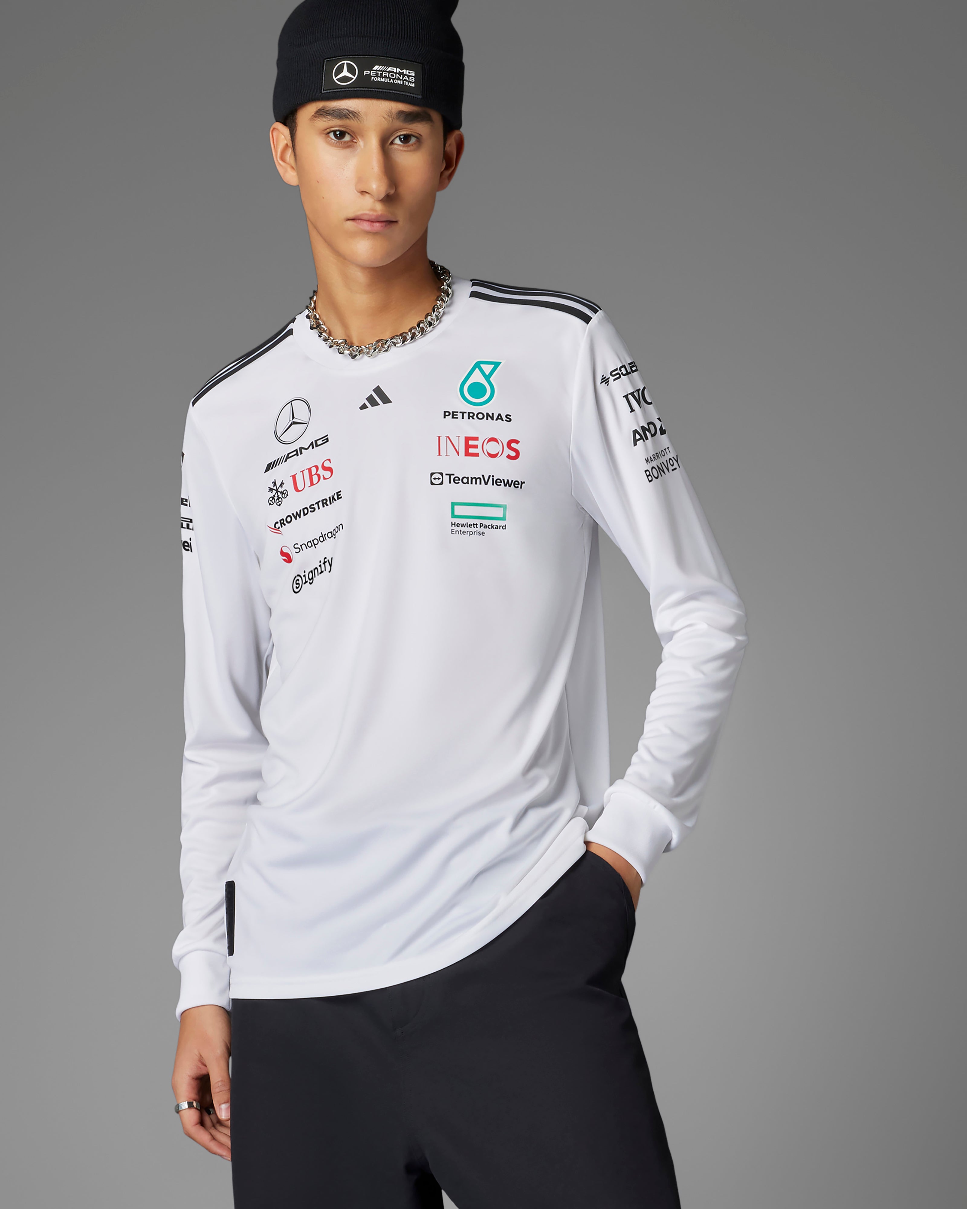 Mens 2025 Team Long Sleeve Driver Tee White | Official Mercedes