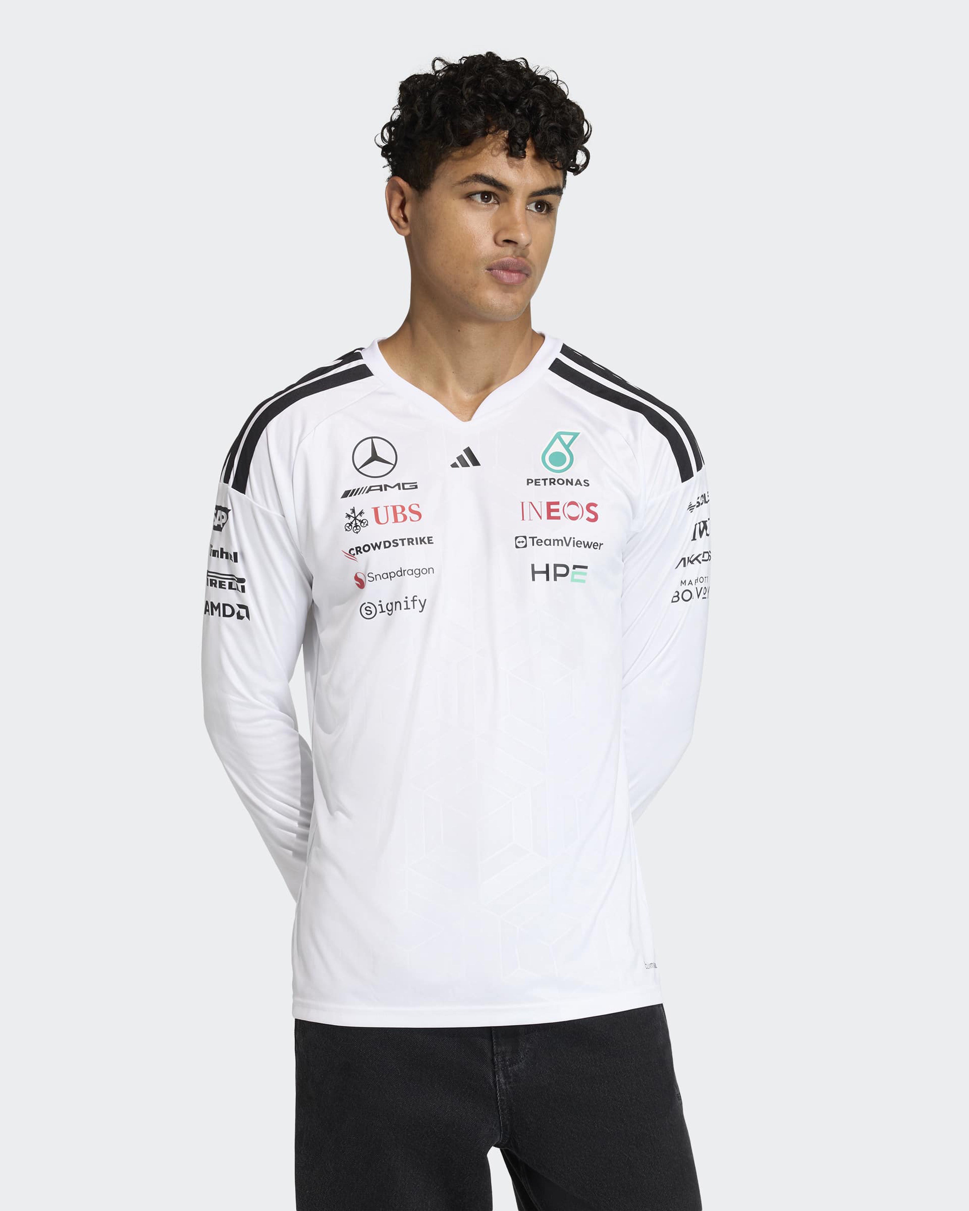 Men s 2026 Team Long Sleeve Driver Tee White Mercedes AMG PETRONAS F1 Men s 2026 Team Long Sleeve Driver Tee White Mercedes AMG PETRONAS F1