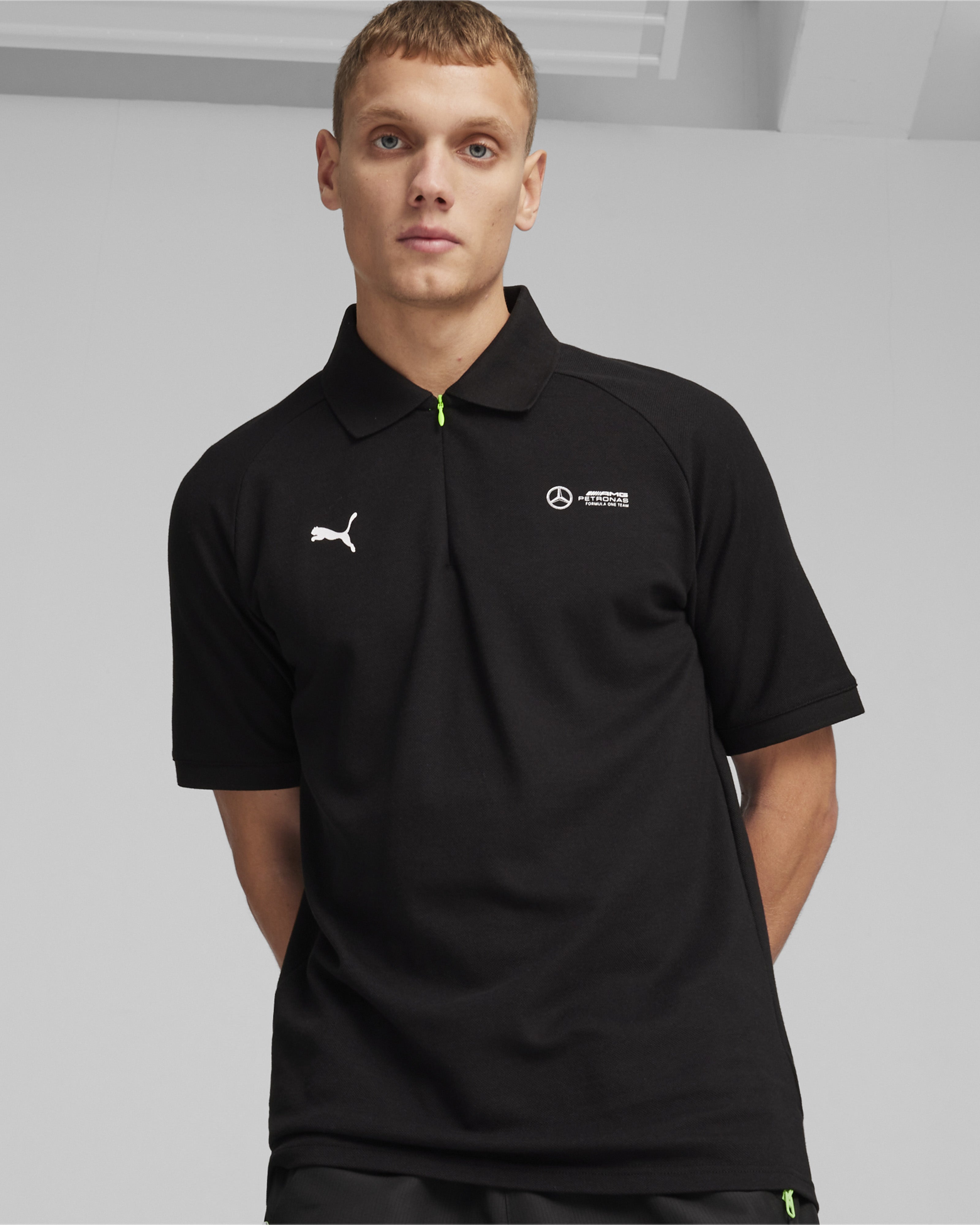 Mens Puma Pique Polo Black Official Mercedes AMG PETRONAS F1 Team Store