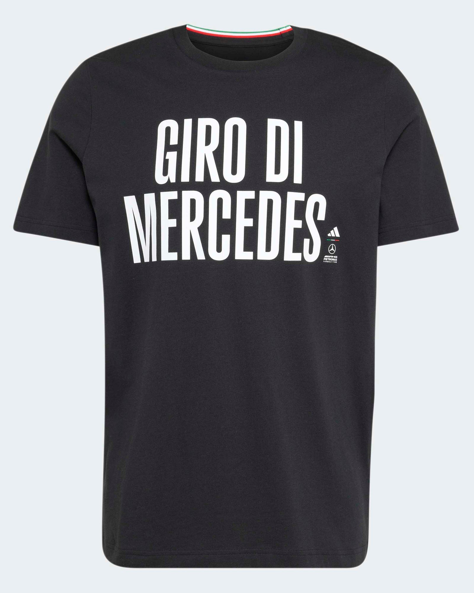 Black Mercedes graphic t-shirt featuring bold white Giro Di Mercedes lettering and crew neck design.