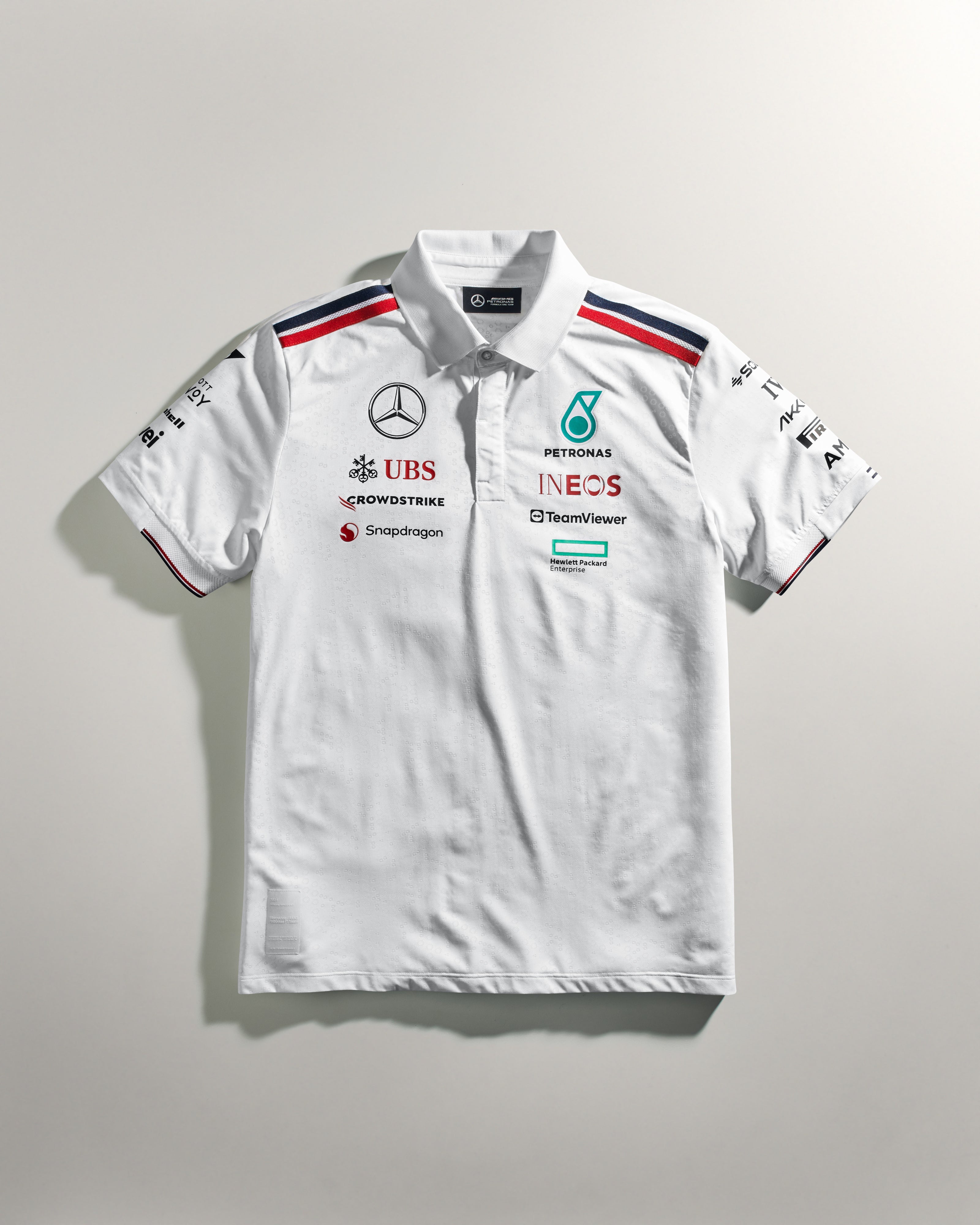 Mens 2024 Team Polo White Official Mercedes AMG PETRONAS F1 Team Store